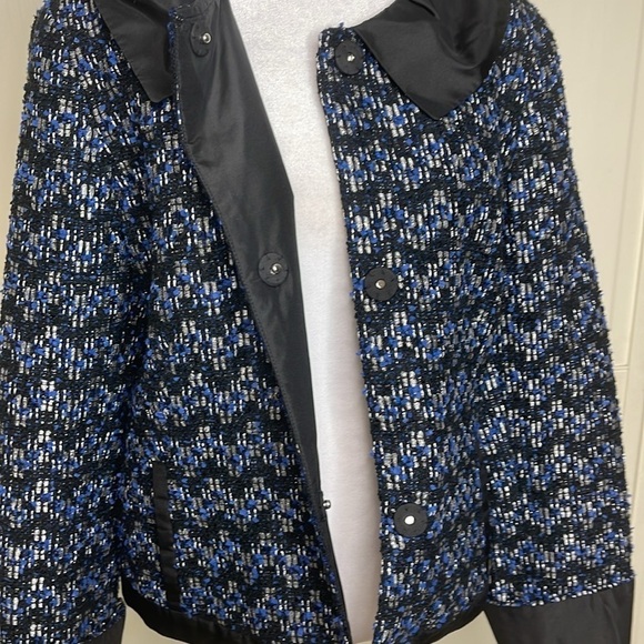 DONCASTER Women’s Blue Tweed Jacket - Sz 14 Ruffle Collar Career - Picture 6 of 12